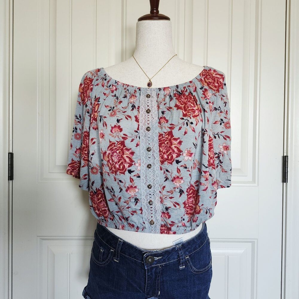 Mudd Women’s Blue Red Floral Off Shoulder Smocked Crop Blouse Size L